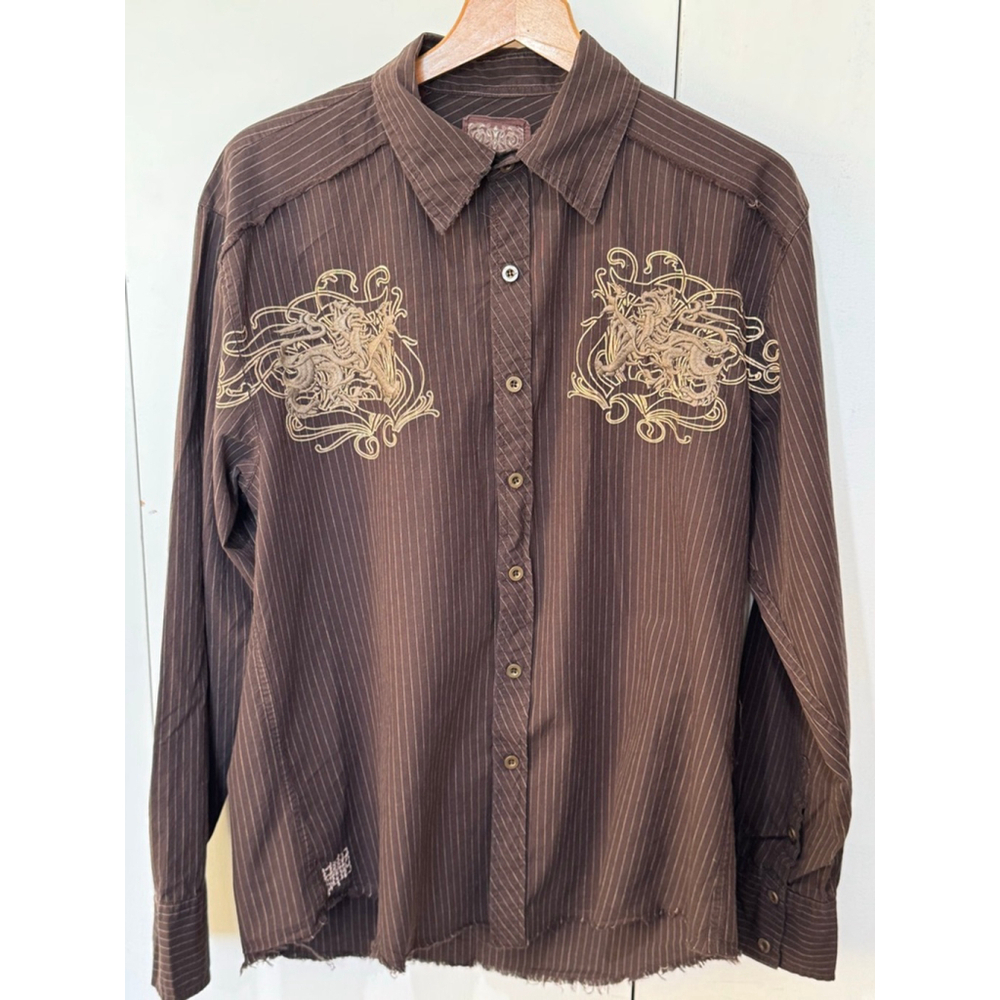 Men's Roar Casual Button Down embroidered Shirt XXL runs small Brown Pinstripe